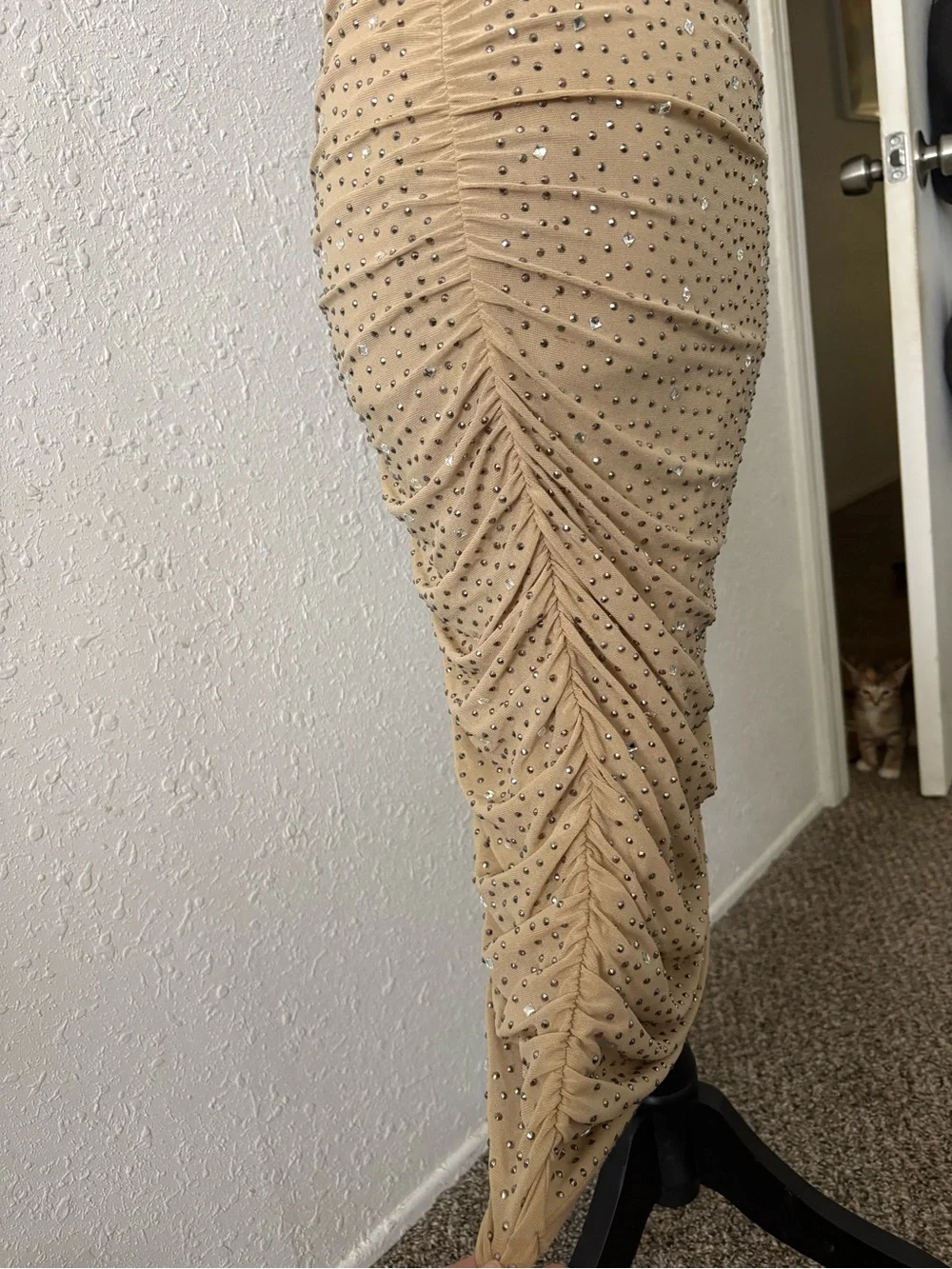 Windsor Nude-Beige Long Sleeve Ruched Bodycon Dress with Stud Details